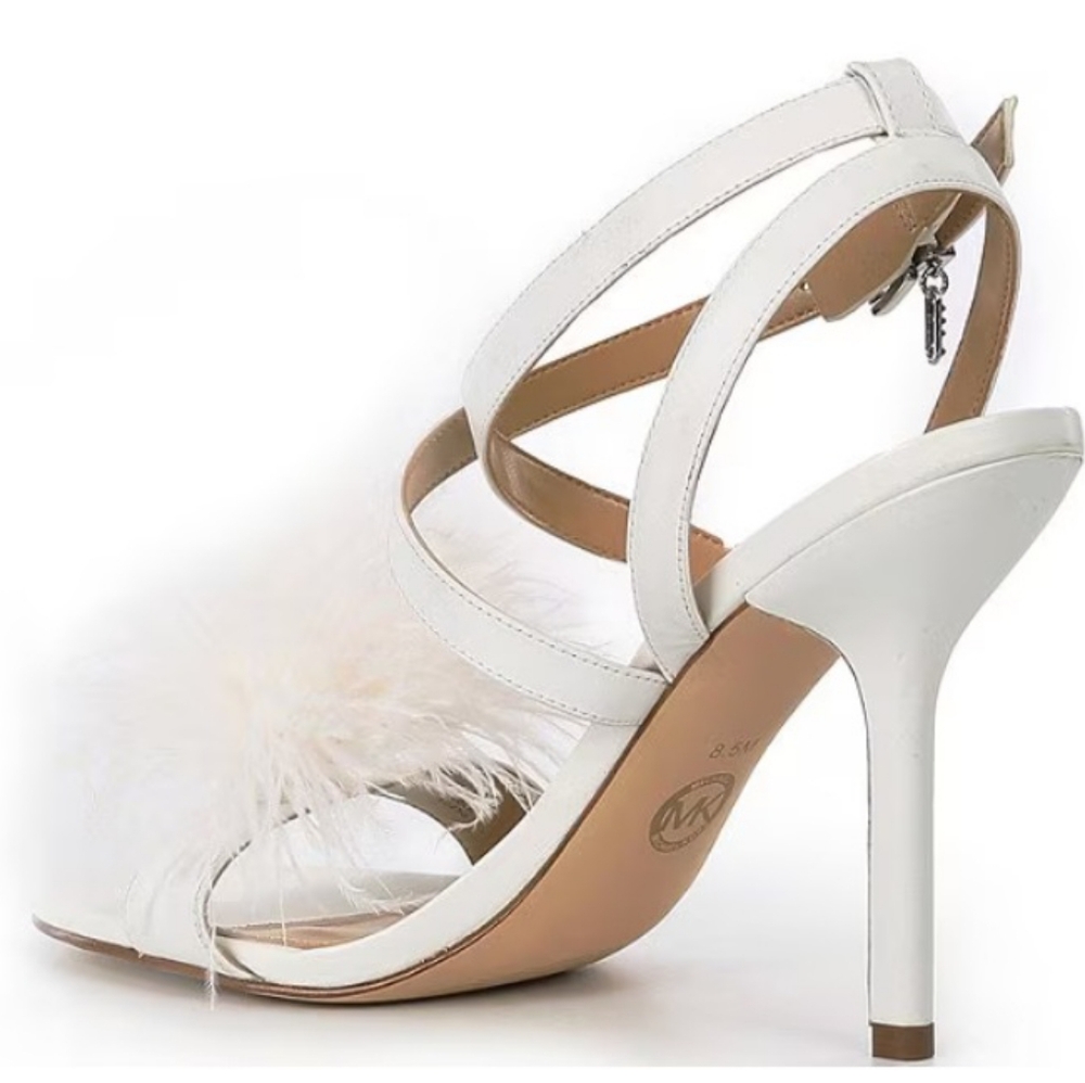 Michael Kors WHITBY FEATHER TRIM LEATHER SANDAL Optic White 7 NEW - Picture 8 of 16